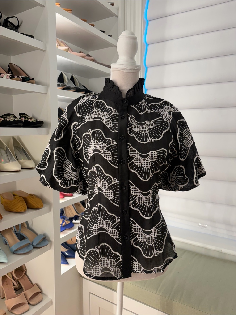 NWT Sz S Gracia Black Button-Up Blouse with White Floral Lace Pattern